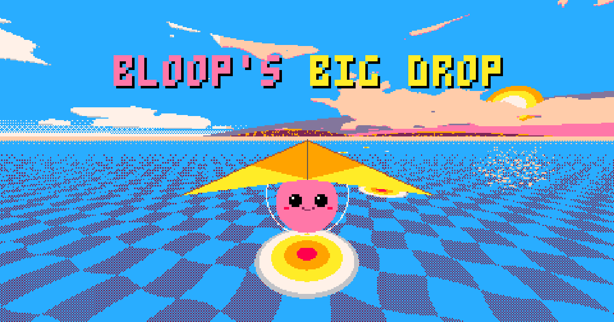 Bloop, a pink blob under a yellow hang glider, flies over a checkered sea toward a target